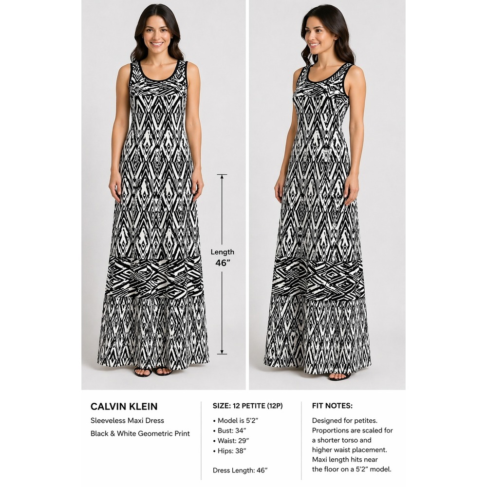 Calvin Klein Womens 12P Maxi Dress Sleeveless Black White Geometric Chic Modern